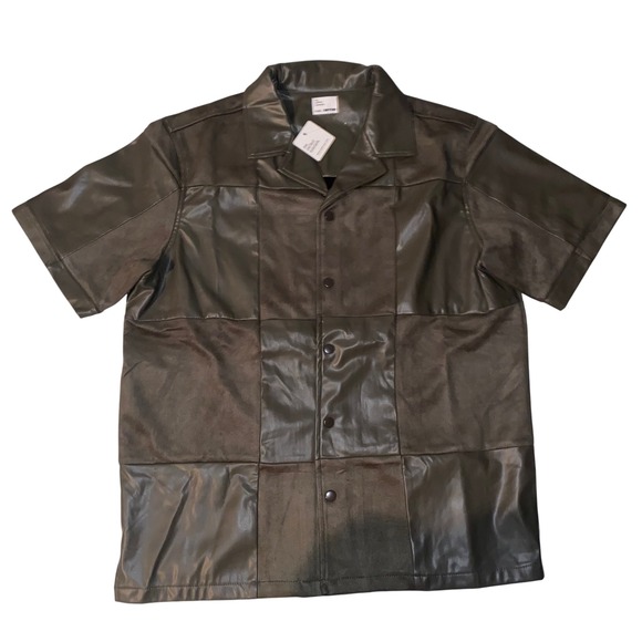 EPTM The Perfect Example Olive Green Faux Leather Patchwork SS Button Down XL - Picture 1 of 10